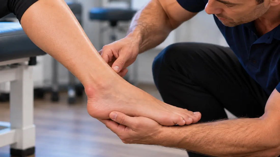 Clinician examining the back of a patient's heel near the Achilles tendon, illustrating Achilles bursitis assessment.