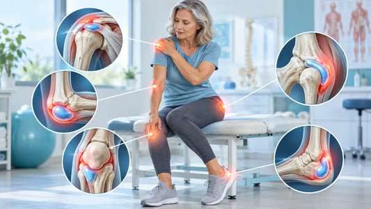 Medical illustrations of bursitis in the shoulder, elbow, hip, knee and heel, with a woman experiencing joint pain.