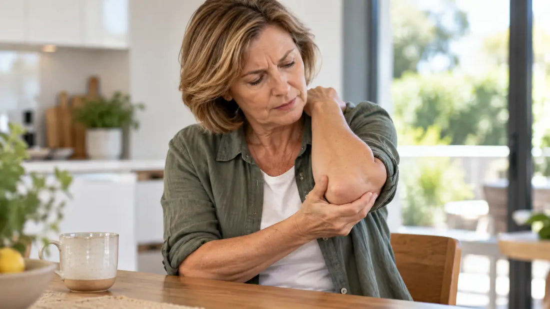 A woman sitting at a wooden table in a bright kitchen, holding her elbow in pain due to elbow bursitis