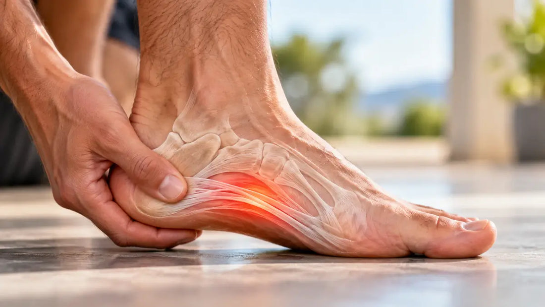 Close-up of a person holding the heel of their bare foot, with an anatomical overlay highlighting pain along the foot arch.