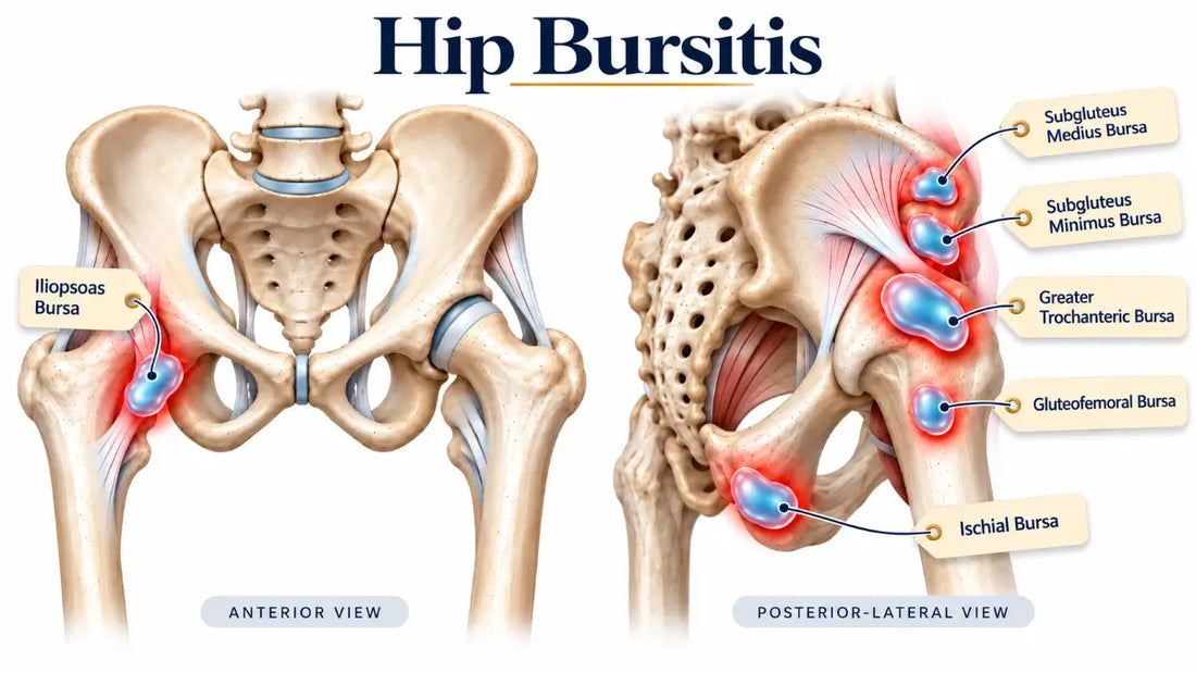 An anatomical medical illustration titled 'Hip Bursitis' showing two labeled views of the human hip and pelvis: anterior view on the left and posterior-lateral view on the right.