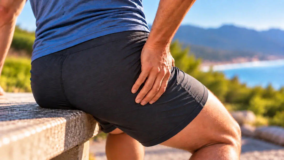 Man sitting on an outdoor bench overlooking the coast, holding his hip in discomfort to illustrate hip pain.