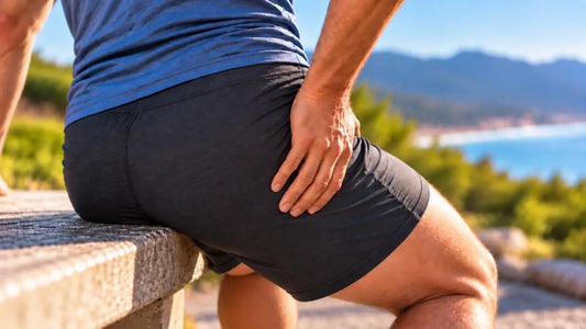 Man sitting on an outdoor bench overlooking the coast, holding his hip in discomfort to illustrate hip pain.