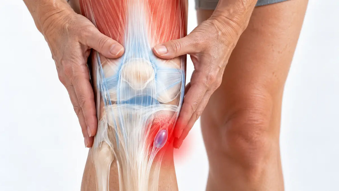 Person holding their knee with an anatomical overlay highlighting pes anserine bursitis on the inner side below the joint.