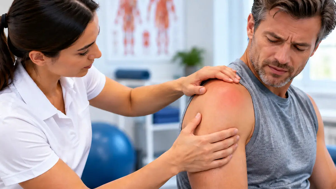 Healthcare professional examining a man's painful shoulder, illustrating shoulder bursitis.