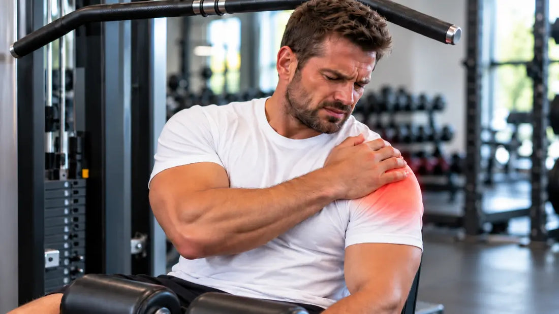 Man holding his painful shoulder while seated at a gym machine, illustrating shoulder tendonitis symptoms.