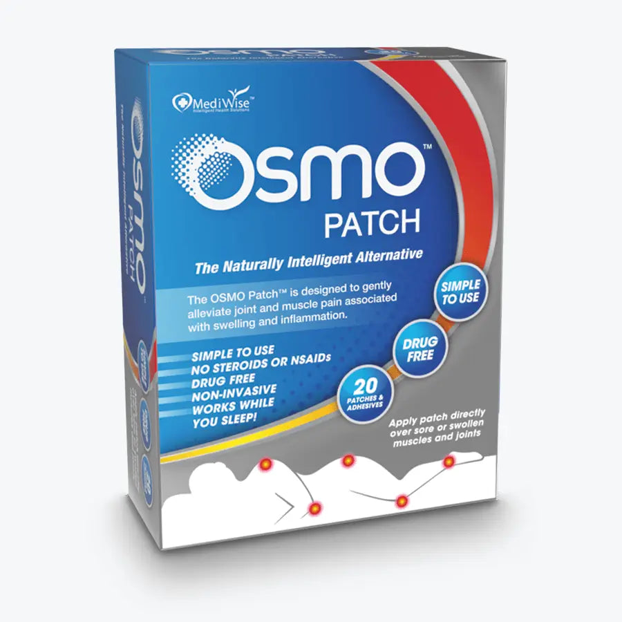 OSMO Patch 20-Pack product box containing 20 drug-free, non-invasive patches for joint swelling and associated pain.
