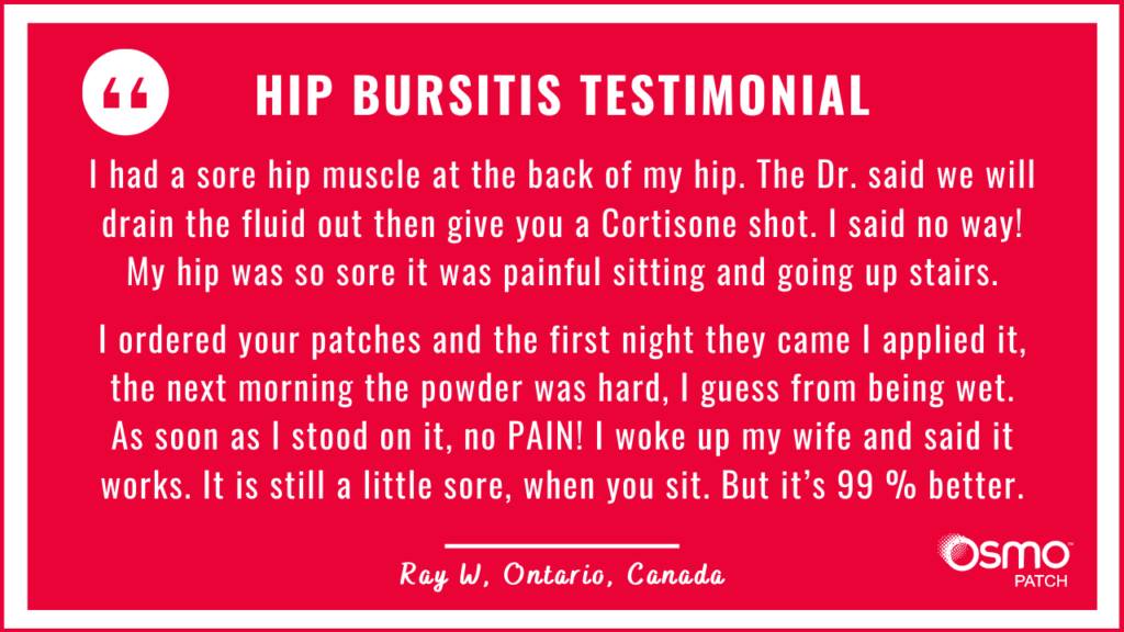 Testimonial: No pain after a single application of OSMO Patch for hip bursitis. It is 99% better.